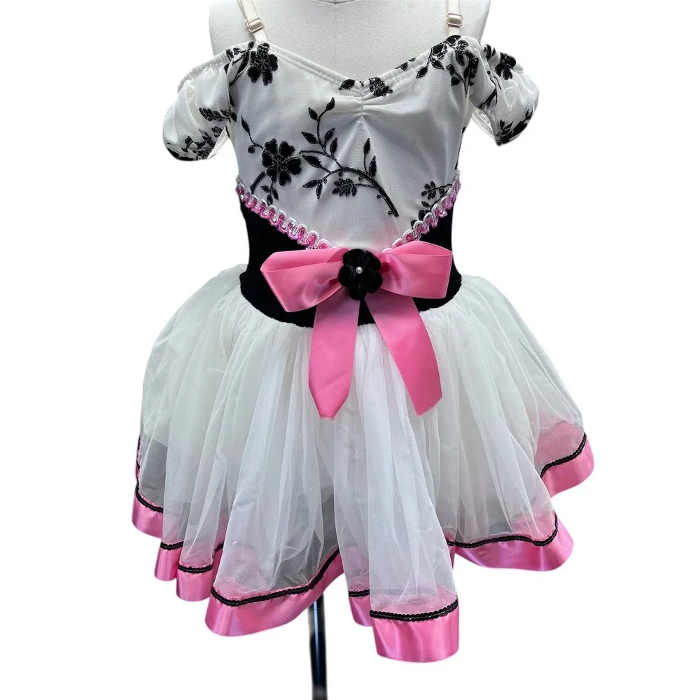 Dansco Girls Dance Costume Tutu Dress White‎ Black Pink Floral MC Ballet Recital